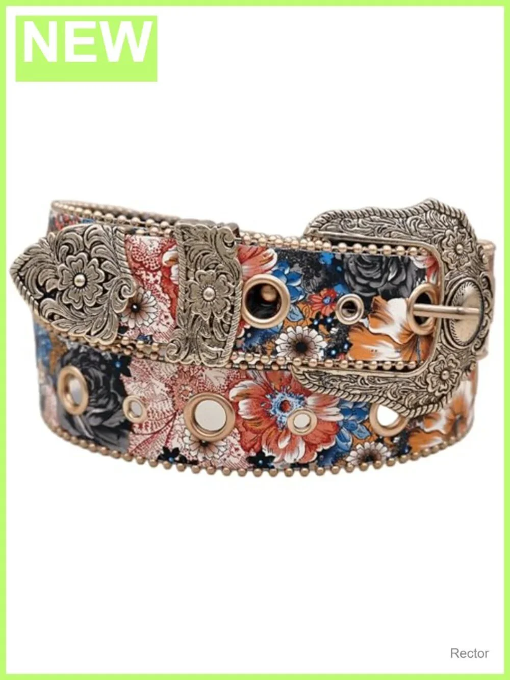 Vintage Western Belt with Carved Buckle Floral Faux Leather Cowgirl Waist